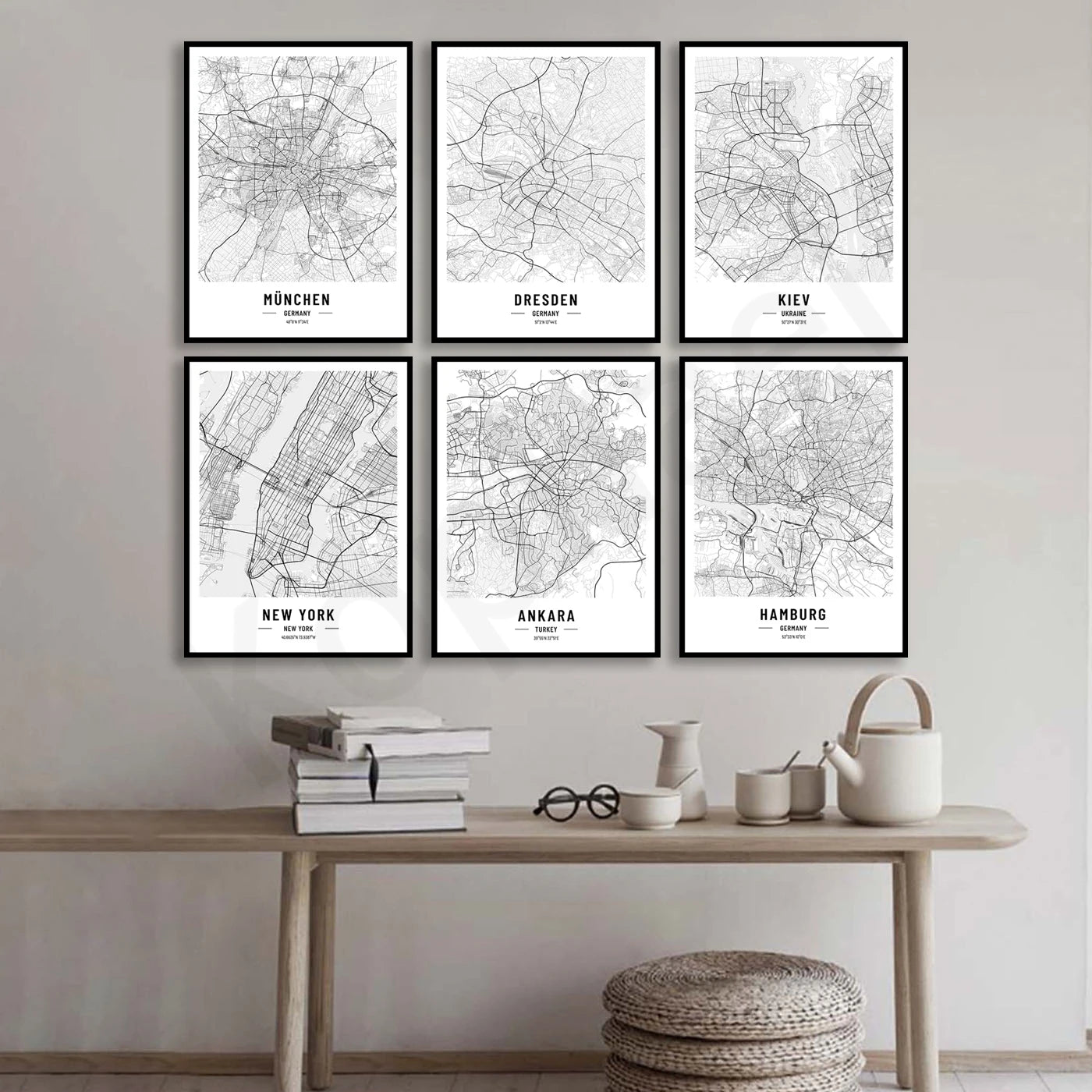 New York, Kiev, Hamburg, Berlin, Munich, Lisbon, Cologne, Dresden, Ankara, Las Vegas City Map Posters Wall Art Black White Fine Art Canvas Prints Stylish Minimalist Posters For Home/Office 2025