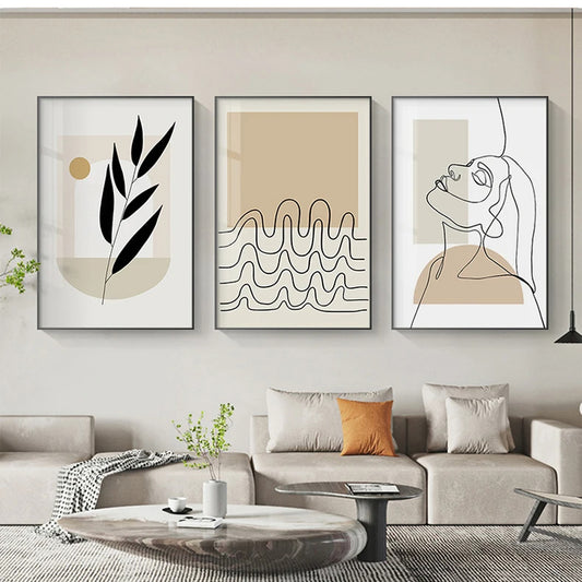 Nordic Black Line Leaves Geometry Abstract Boho Room Decor Modern Wall Art Canvas Painting Poster And Wall Prints For Home Decor
