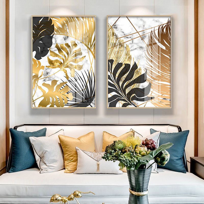 Nordic Tropical Gold Leaves Abstract Wall Art Posters Fine Art Canvas Prints Trendy Pictures For Modern Apartment Living Room Decor