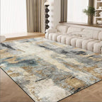 Patterned area rug on a wooden floor in a living room with a sofa and lamp.