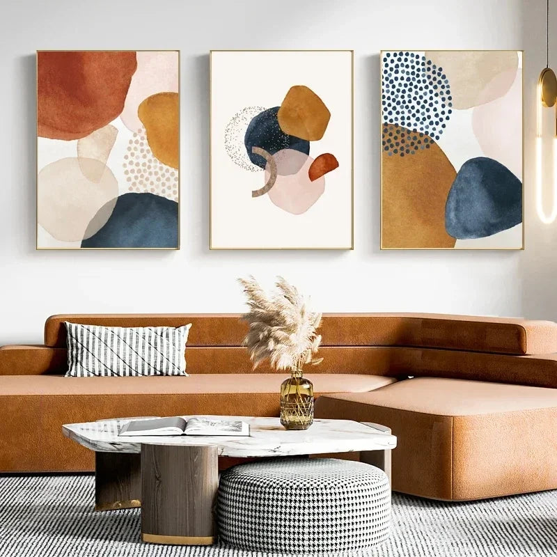 Modern living room with a brown sectional sofa, abstract art on the wall, and a coffee table.