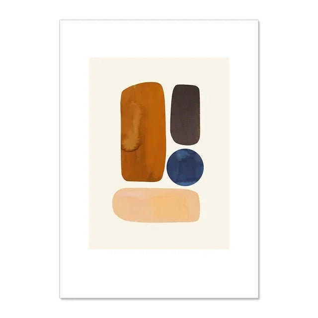 Abstract art print with four colored shapes on a beige background