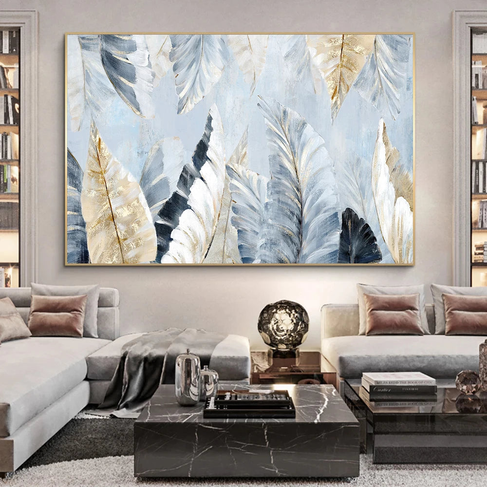 Nordic Abstract Blue Golden Palm Leaves & Wall Art Fine Art Canvas Prints Modern Abstract Botanic Pictures For Living Room Bedroom Art Decor