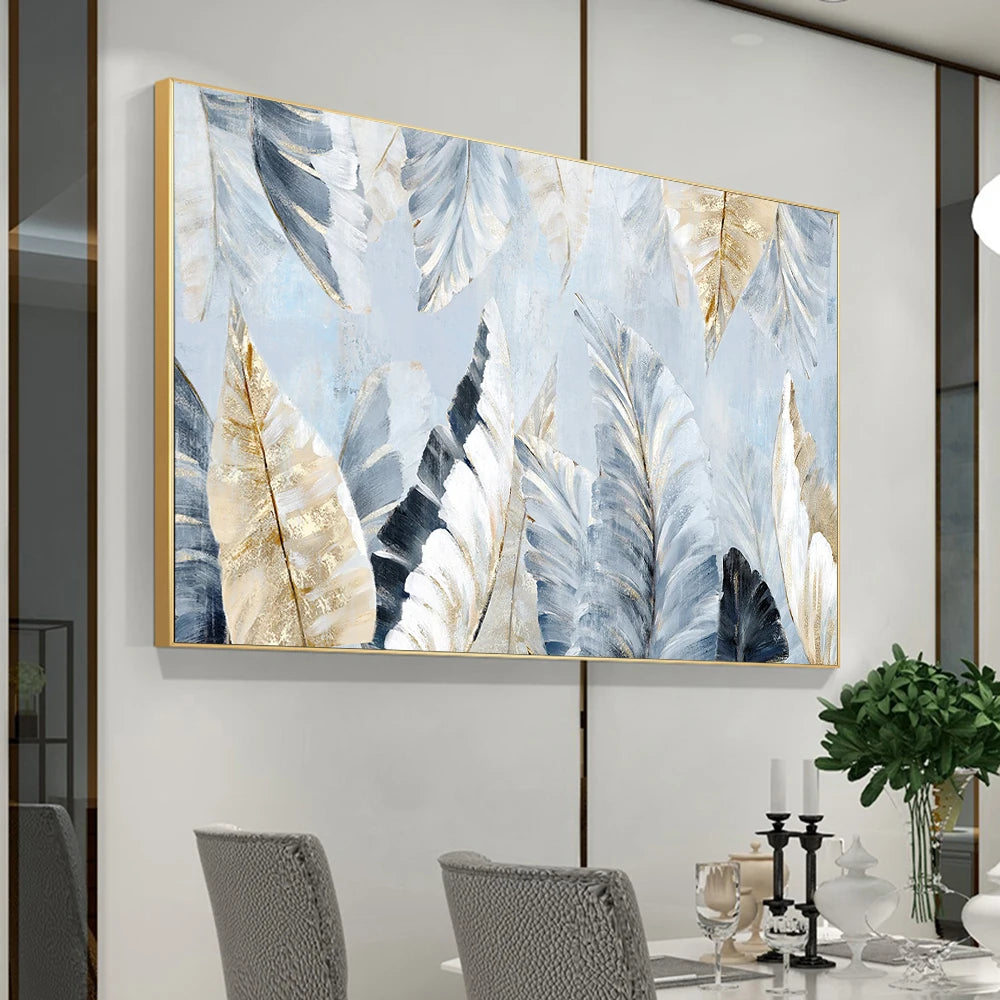 Nordic Abstract Blue Golden Palm Leaves & Wall Art Fine Art Canvas Prints Modern Abstract Botanic Pictures For Living Room Bedroom Art Decor