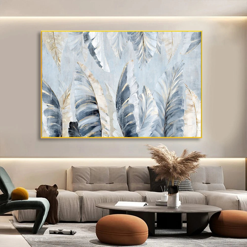 Nordic Abstract Blue Golden Palm Leaves & Wall Art Fine Art Canvas Prints Modern Abstract Botanic Pictures For Living Room Bedroom Art Decor