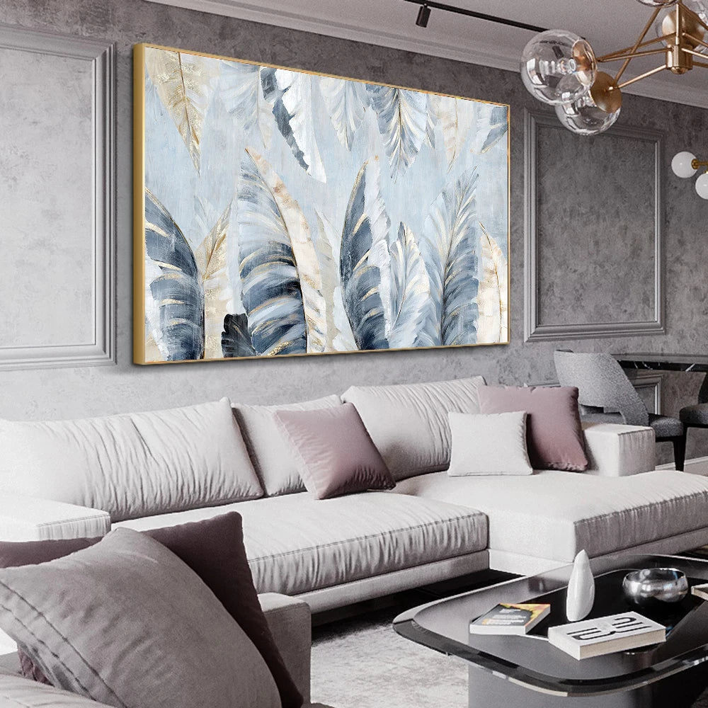 Nordic Abstract Blue Golden Palm Leaves & Wall Art Fine Art Canvas Prints Modern Abstract Botanic Pictures For Living Room Bedroom Art Decor