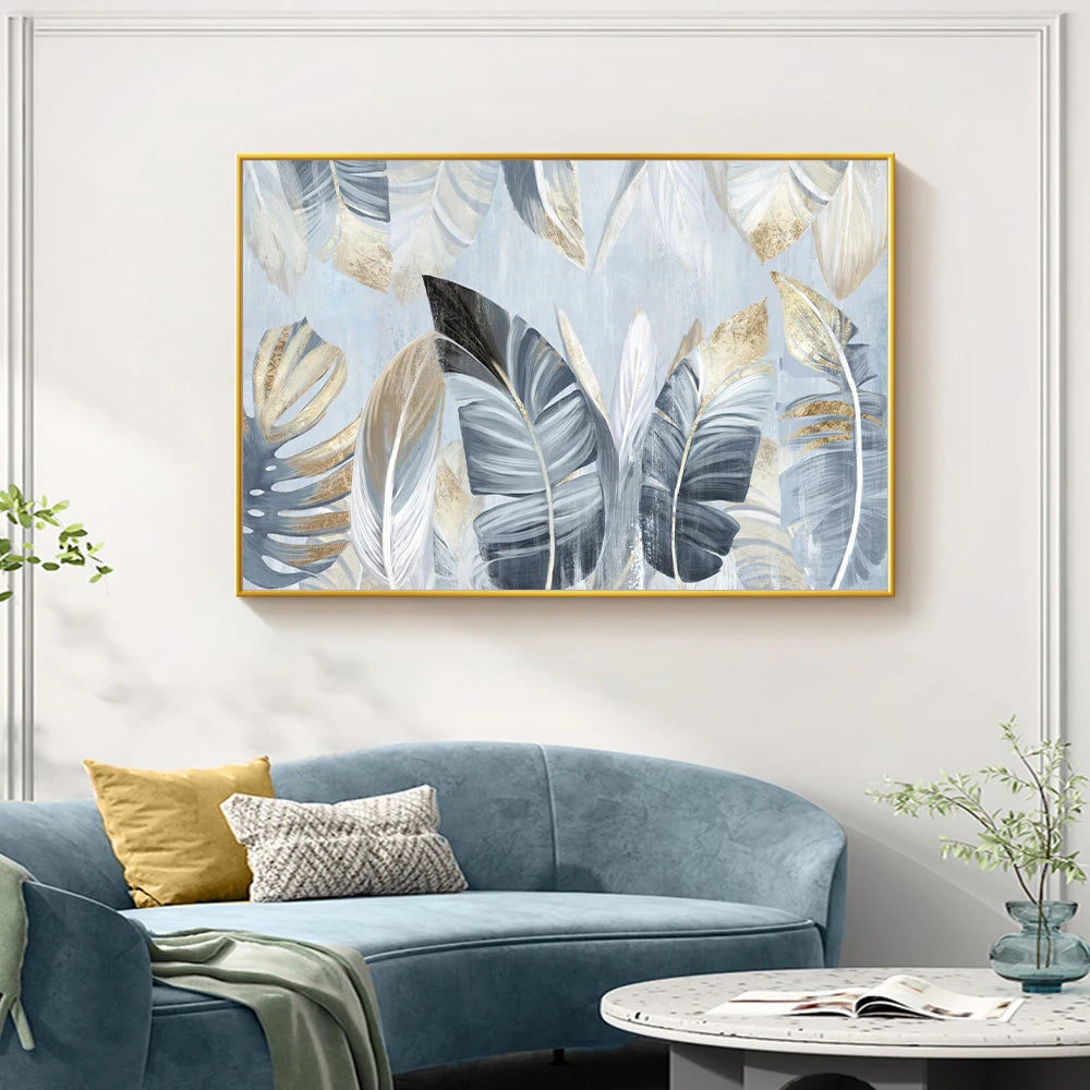 Nordic Abstract Blue Golden Palm Leaves & Wall Art Fine Art Canvas Prints Modern Abstract Botanic Pictures For Living Room Bedroom Art Decor