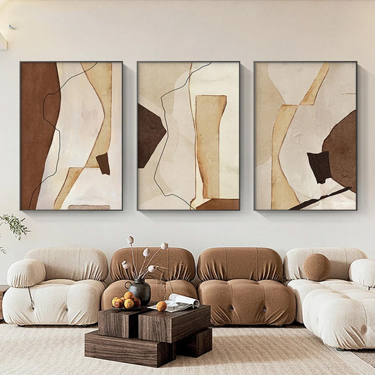 Nordic Abstract Brown Beige Geometric Color Block Wall Art Fine Art Canvas Prints Neutral Tones Pictures For Living Room Home Office Decor