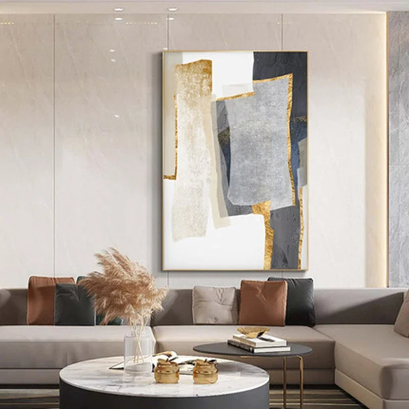 Nordic Abstract Geomorphic Neutral Colors Golden Beige Gray Wall Art Fine Art Canvas Prints Pictures For Modern Apartment Living Room Decor