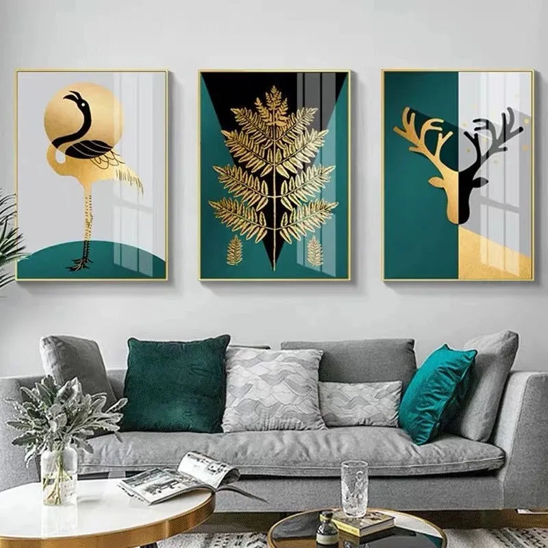 Nordic Abstract Golden Fern Deer Flamingo Wall Art Fine Art Canvas Prints Pictures For Modern Apartment Living Room Dining Room Art Decor