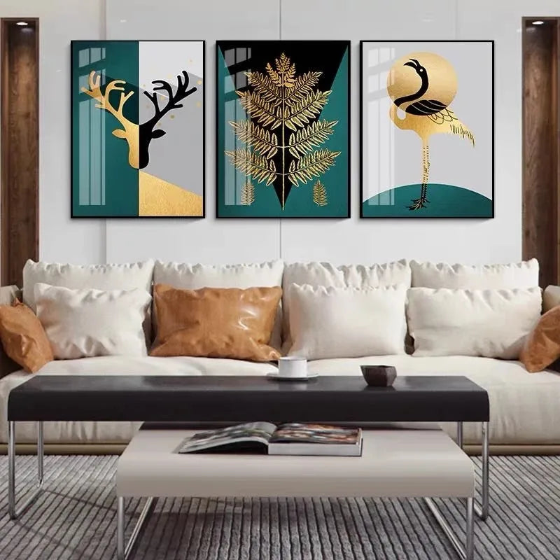 Nordic Abstract Golden Fern Deer Flamingo Wall Art Fine Art Canvas Prints Pictures For Modern Apartment Living Room Dining Room Art Decor