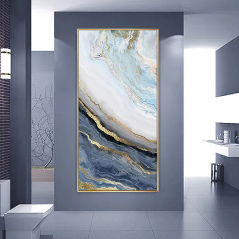 Nordic Aqua Blue Green Golden Liquid Marble Print Wall Art Fine Art Canvas Prints Pictures For Luxury Living Room Foyer Hotel Room Decor