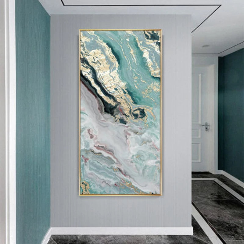 Nordic Aqua Blue Green Golden Liquid Marble Print Wall Art Fine Art Canvas Prints Pictures For Luxury Living Room Foyer Hotel Room Decor
