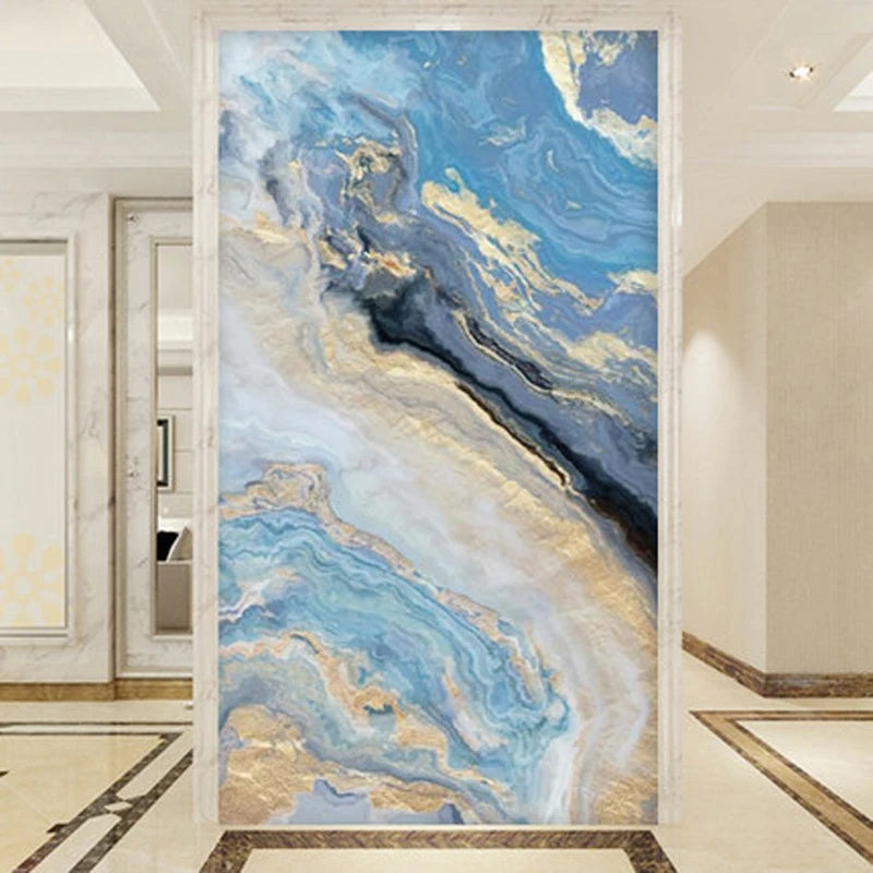 Nordic Aqua Blue Green Golden Liquid Marble Print Wall Art Fine Art Canvas Prints Pictures For Luxury Living Room Foyer Hotel Room Decor