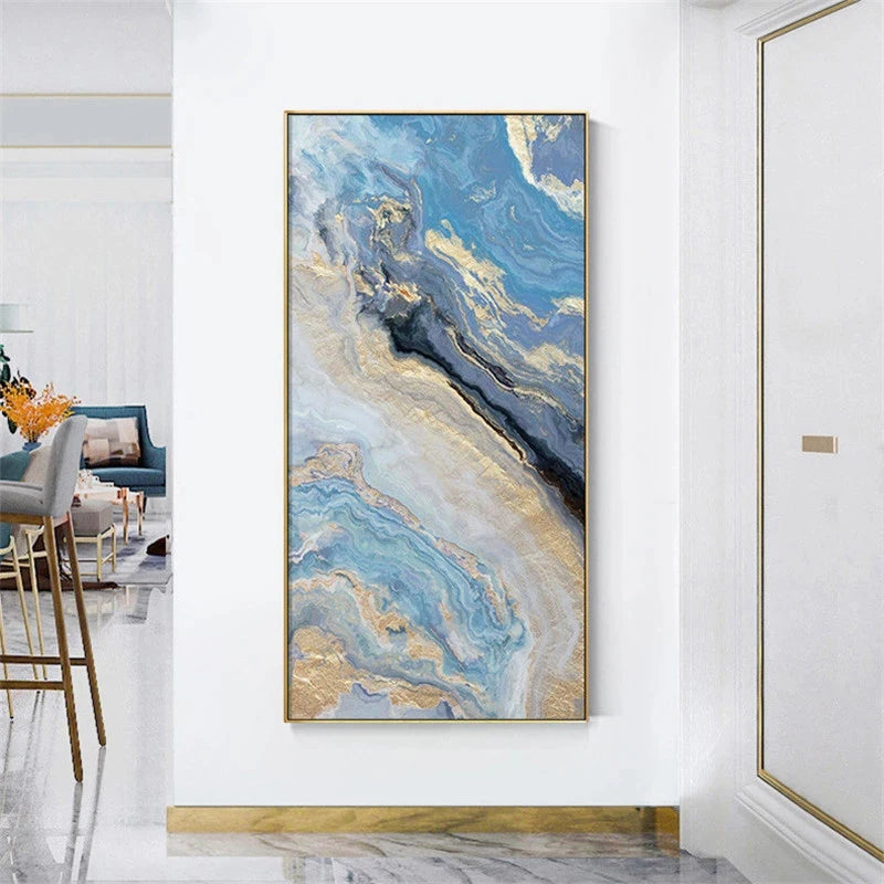 Nordic Aqua Blue Green Golden Liquid Marble Print Wall Art Fine Art Canvas Prints Pictures For Luxury Living Room Foyer Hotel Room Decor