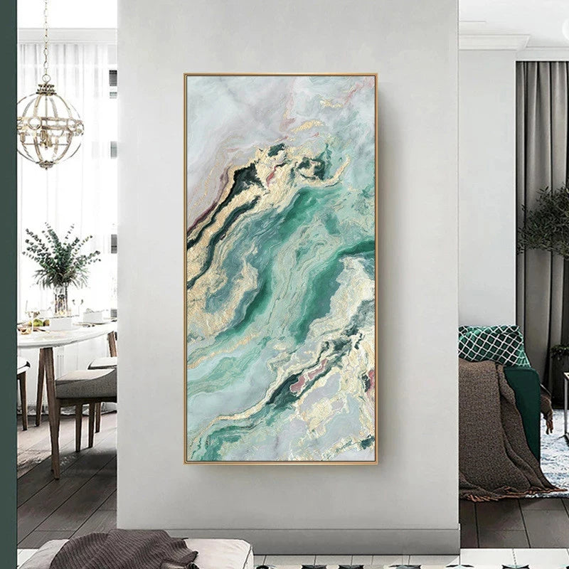 Nordic Aqua Blue Green Golden Liquid Marble Print Wall Art Fine Art Canvas Prints Pictures For Luxury Living Room Foyer Hotel Room Decor