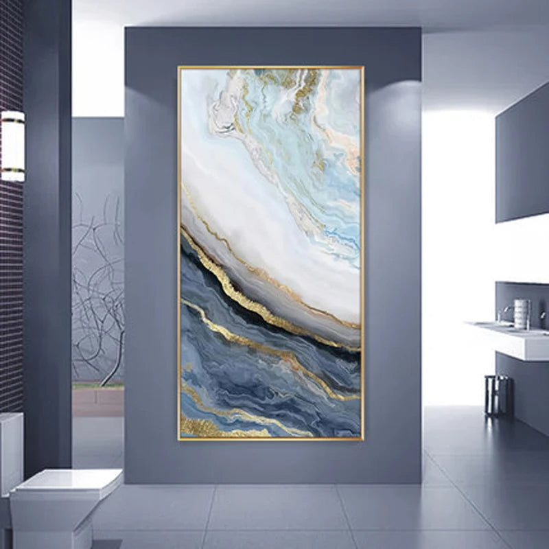 Nordic Aqua Blue Green Golden Liquid Marble Print Wall Art Fine Art Canvas Prints Pictures For Luxury Living Room Foyer Hotel Room Decor