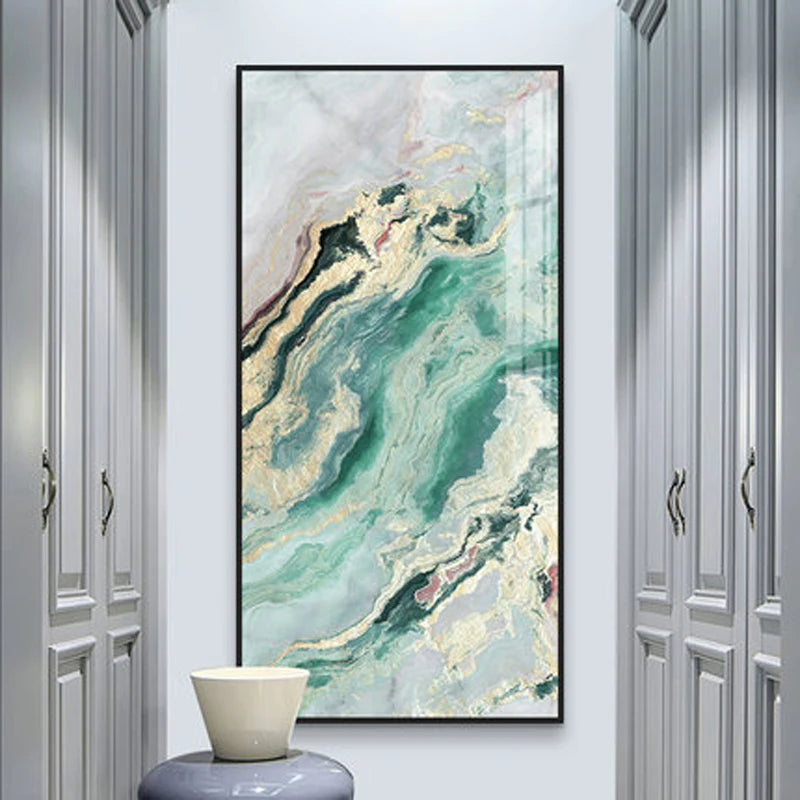 Nordic Aqua Blue Green Golden Liquid Marble Print Wall Art Fine Art Canvas Prints Pictures For Luxury Living Room Foyer Hotel Room Decor