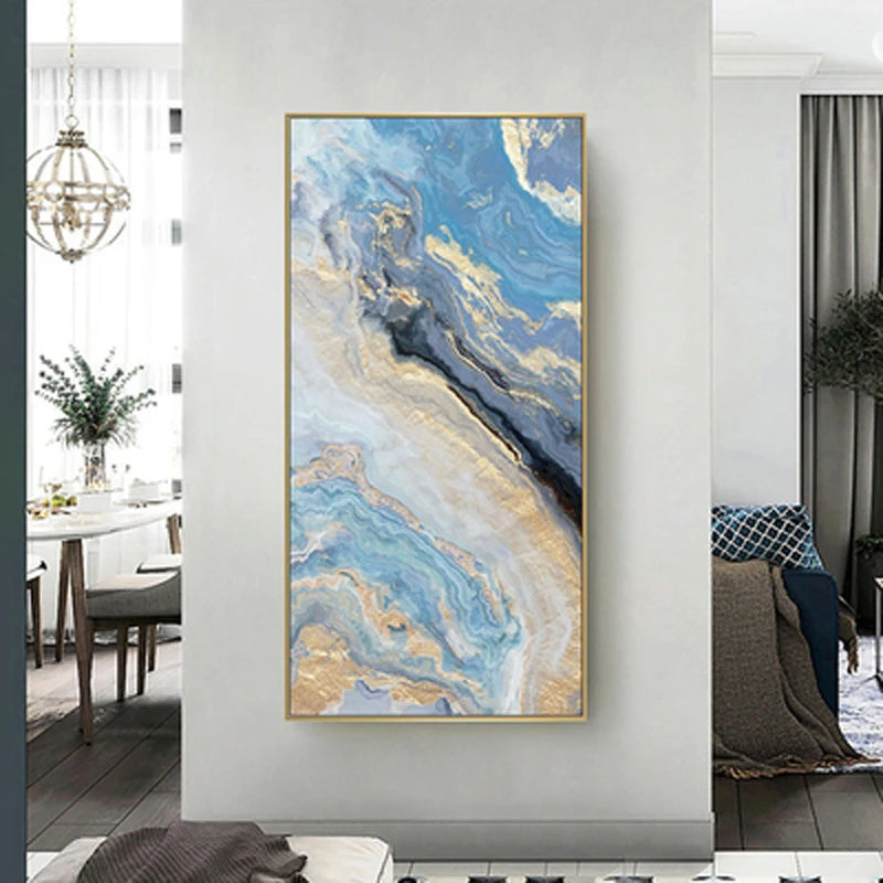 Nordic Aqua Blue Green Golden Liquid Marble Print Wall Art Fine Art Canvas Prints Pictures For Luxury Living Room Foyer Hotel Room Decor