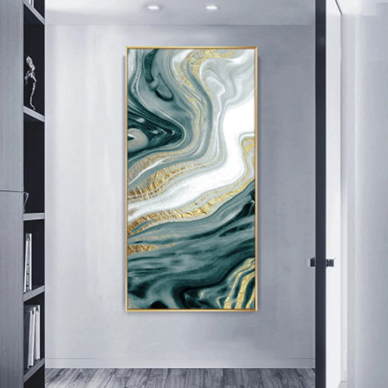 Nordic Aqua Blue Green Golden Liquid Marble Print Wall Art Fine Art Canvas Prints Pictures For Luxury Living Room Foyer Hotel Room Decor