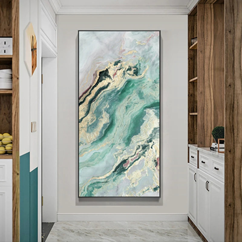 Nordic Aqua Blue Green Golden Liquid Marble Print Wall Art Fine Art Canvas Prints Pictures For Luxury Living Room Foyer Hotel Room Decor