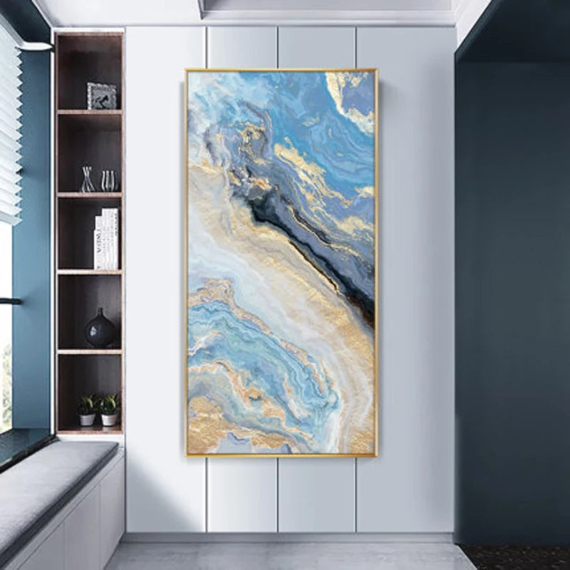 Nordic Aqua Blue Green Golden Liquid Marble Print Wall Art Fine Art Canvas Prints Pictures For Luxury Living Room Foyer Hotel Room Decor