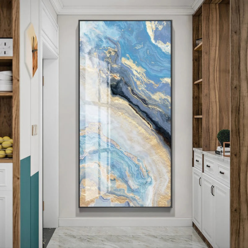 Nordic Aqua Blue Green Golden Liquid Marble Print Wall Art Fine Art Canvas Prints Pictures For Luxury Living Room Foyer Hotel Room Decor