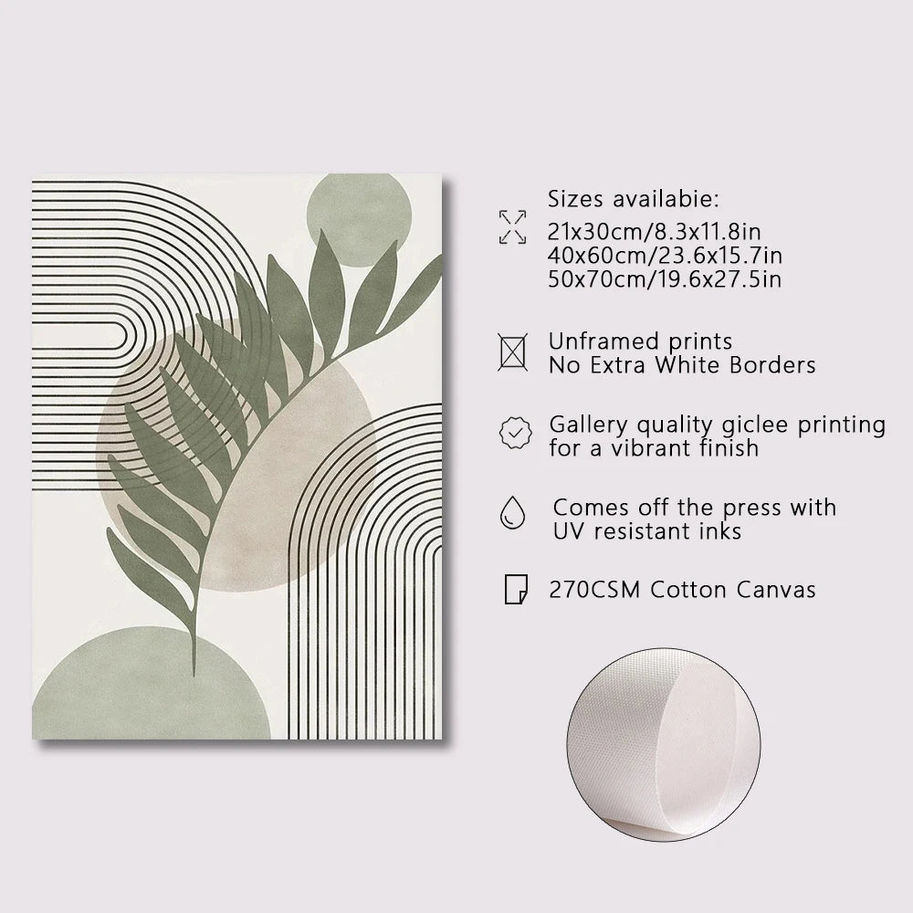 Canvas print with abstract design and product details on a light gray background