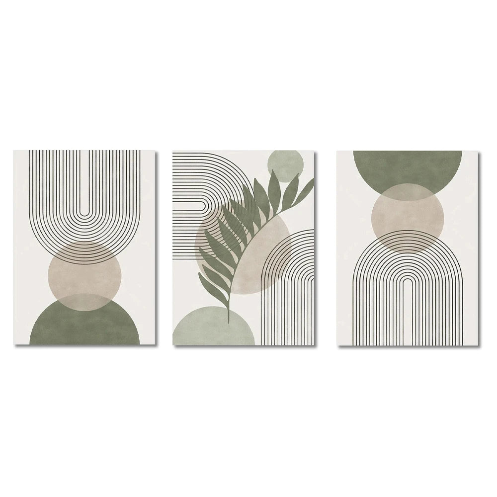 Set of three abstract art prints with geometric shapes and leaves on a white background