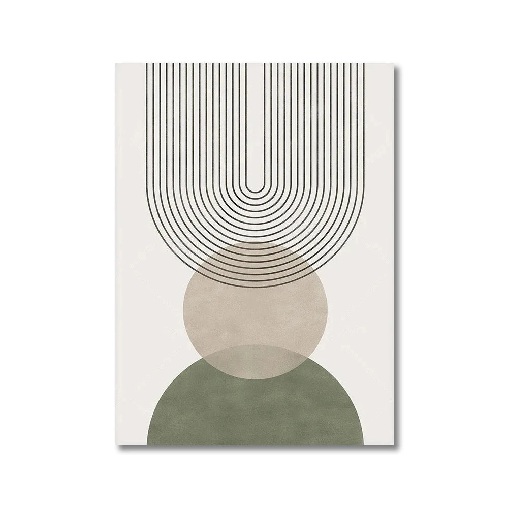 Geometric abstract design with curved lines and circular shapes on a beige background
