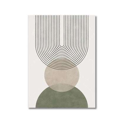 Geometric abstract design with curved lines and circular shapes on a beige background