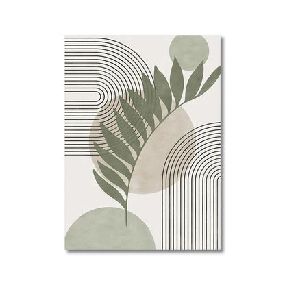 Abstract design with green leaves and geometric shapes on a white background
