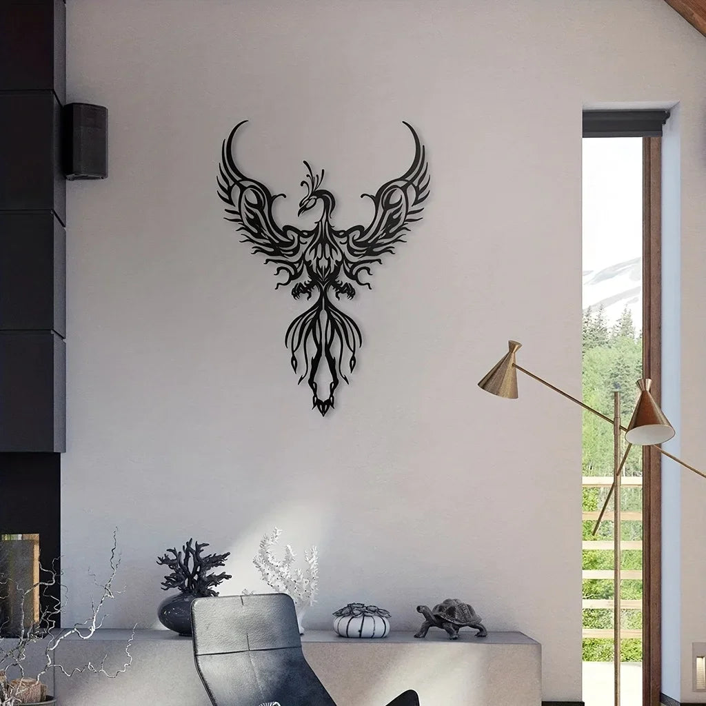 Nordic Fire Phoenix 3d Iron Crafted Black Metal Wall Mounted Art Decoration - Creative Wall Decor For Modern Apartment Living Room Bedroom Dining Room Home Decor