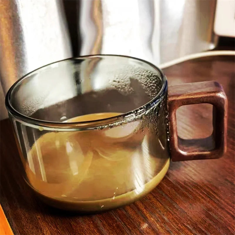 Nordic Glass Coffee Mug Tea Cup with Wooden Handle Set - Elegant Transparent Glass, Square Wooden Handle, Matching Spoon, and Optional Coaster