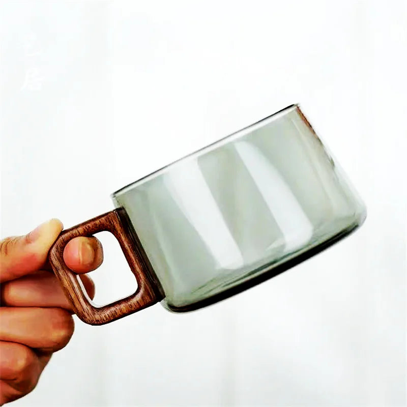 Nordic Glass Coffee Mug Tea Cup with Wooden Handle Set - Elegant Transparent Glass, Square Wooden Handle, Matching Spoon, and Optional Coaster

