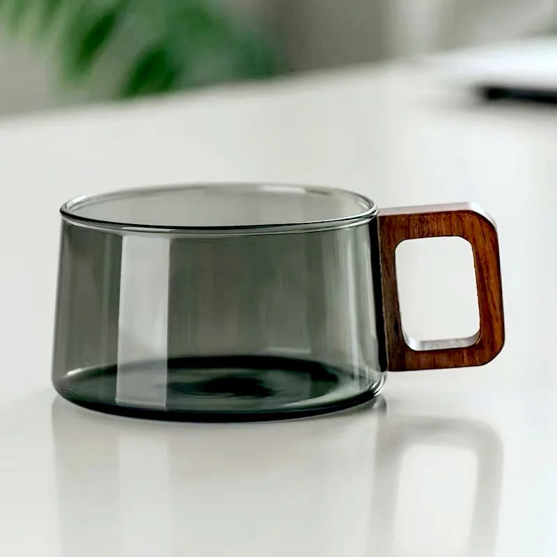 Nordic Glass Coffee Mug Tea Cup with Wooden Handle Set - Elegant Transparent Glass, Square Wooden Handle, Matching Spoon, and Optional Coaster