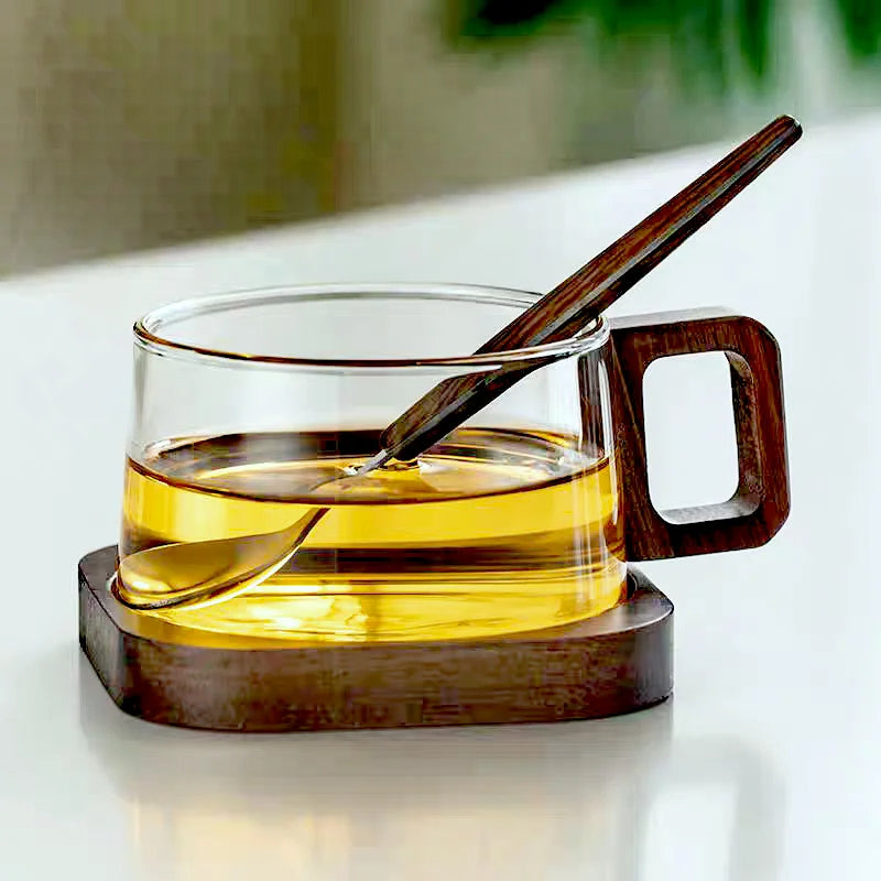 Nordic Glass Coffee Mug Tea Cup with Wooden Handle Set - Elegant Transparent Glass, Square Wooden Handle, Matching Spoon, and Optional Coaster