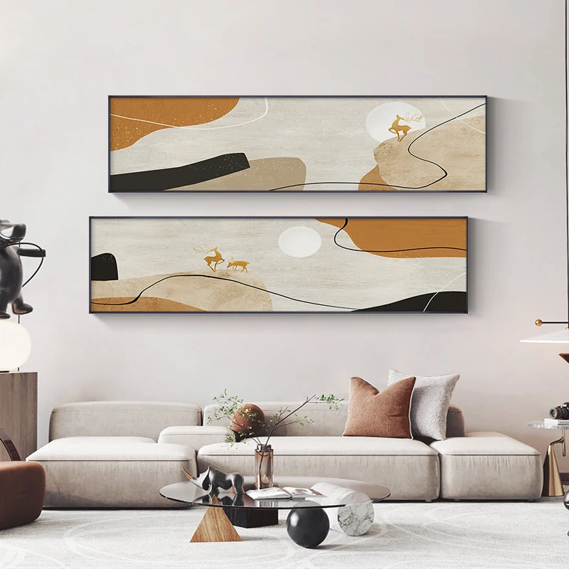 Nordic Golden Deer Landscape Abstract Wide Format Wall Art Fine Art Canvas Prints Pictures Above The So fa Art For Above The Bed 2025