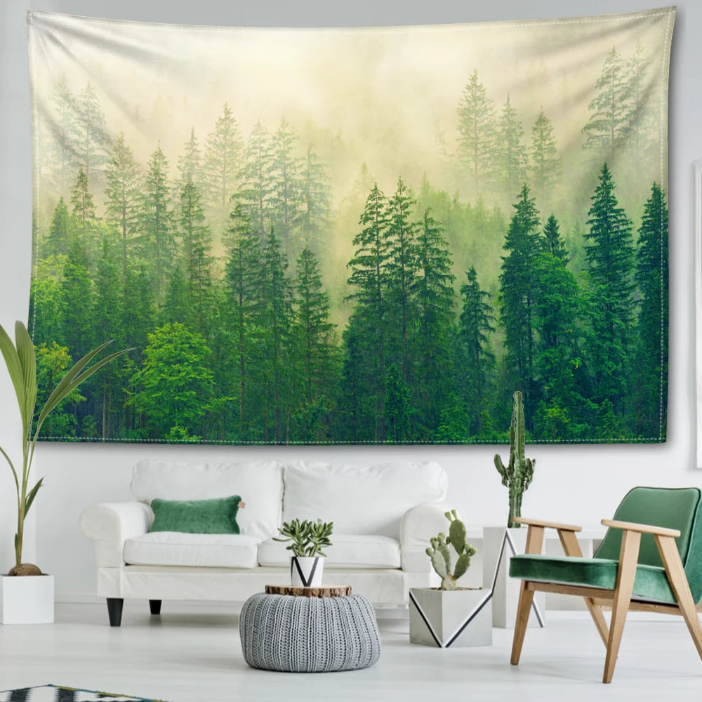 Nordic Hanging Tapestry Wall Decoration 100% Polyester Printed Misty Forest Landscape Tapestries Inspirational Pictures Of Calm For Living Room Decor