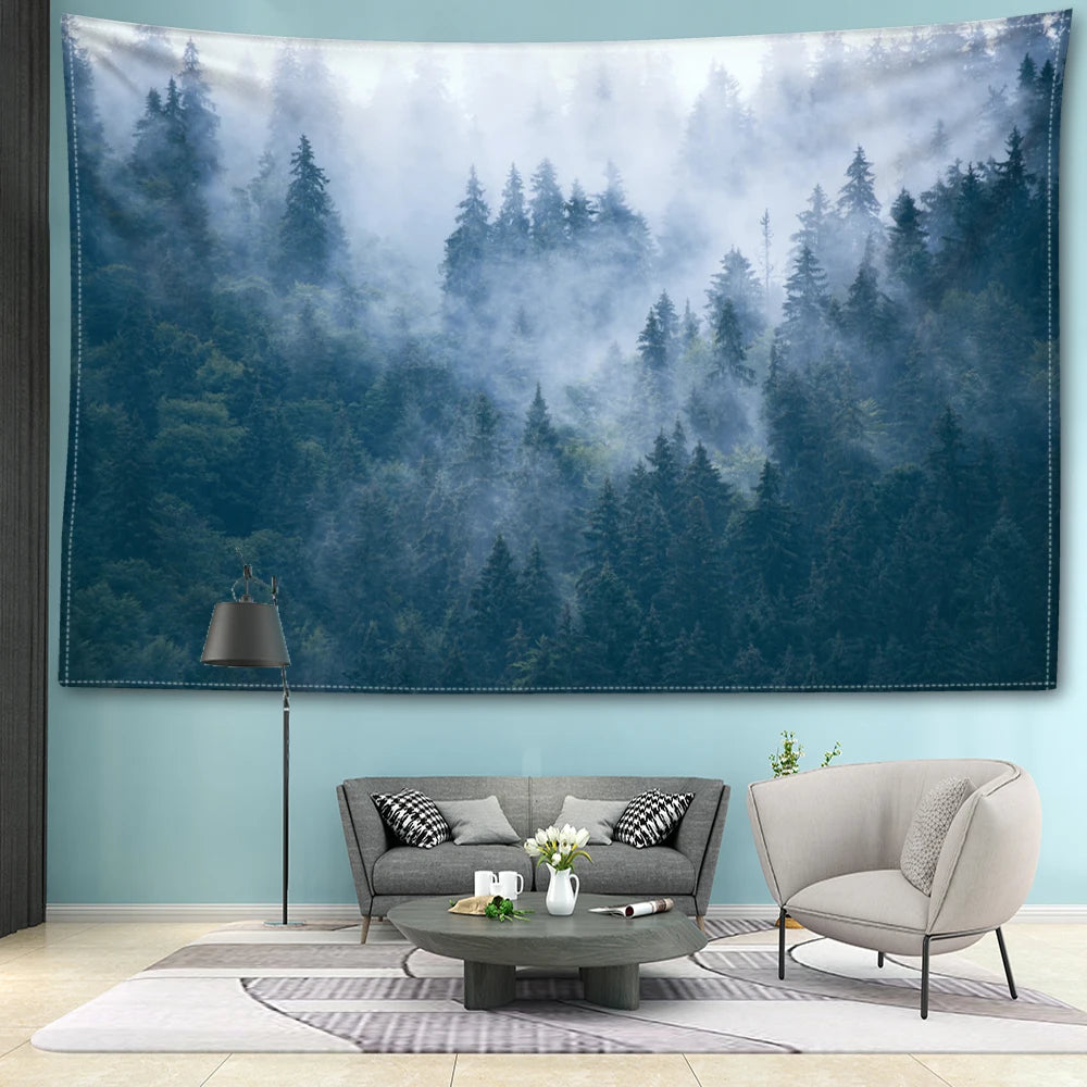 Nordic Hanging Tapestry Wall Decoration 100% Polyester Printed Misty Forest Landscape Tapestries Inspirational Pictures Of Calm For Living Room Decor