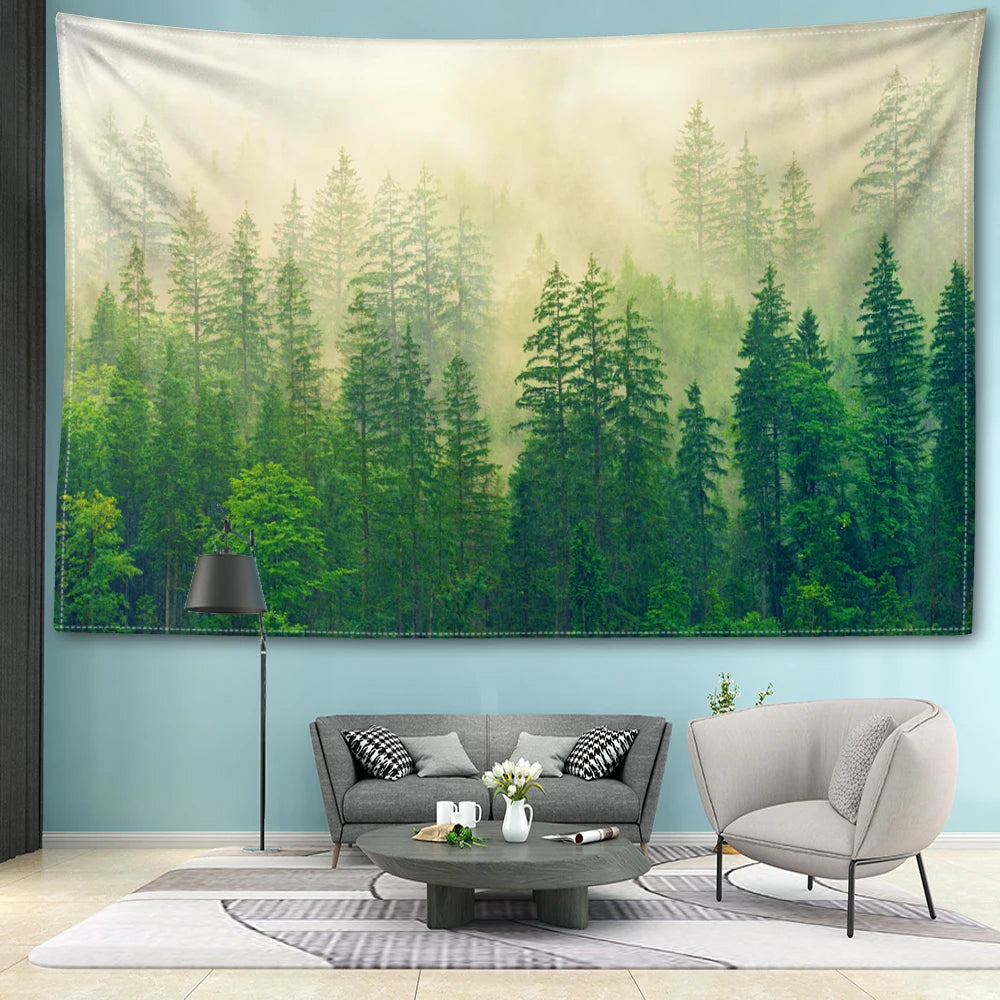 Nordic Hanging Tapestry Wall Decoration 100% Polyester Printed Misty Forest Landscape Tapestries Inspirational Pictures Of Calm For Living Room Decor