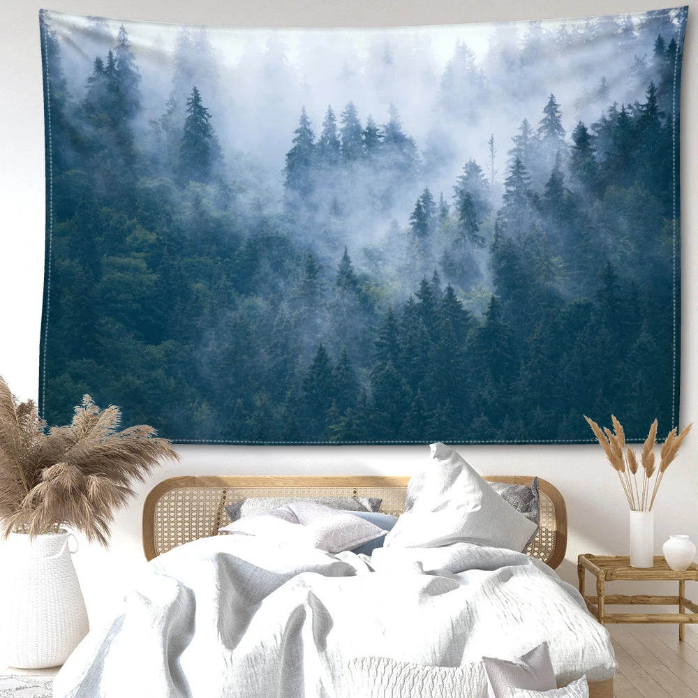 Nordic Hanging Tapestry Wall Decoration 100% Polyester Printed Misty Forest Landscape Tapestries Inspirational Pictures Of Calm For Living Room Decor