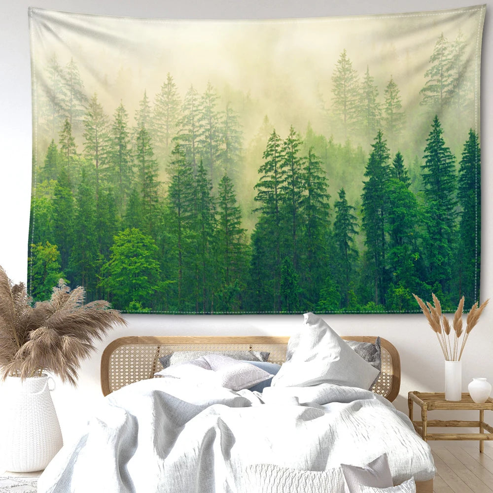 Nordic Hanging Tapestry Wall Decoration 100% Polyester Printed Misty Forest Landscape Tapestries Inspirational Pictures Of Calm For Living Room Decor