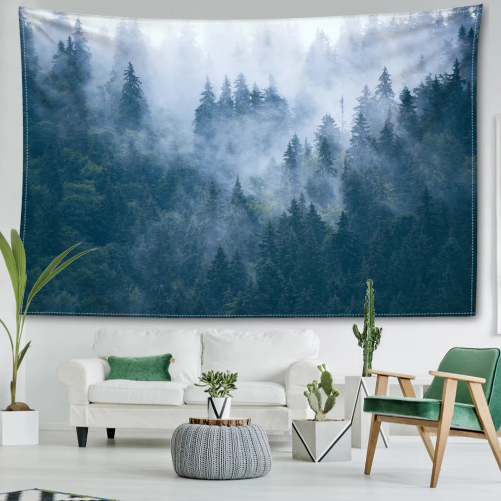 Nordic Hanging Tapestry Wall Decoration 100% Polyester Printed Misty Forest Landscape Tapestries Inspirational Pictures Of Calm For Living Room Decor