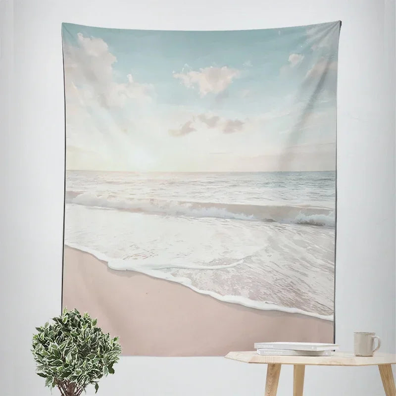Nordic Hanging Tapestry Wall Decoration 100% Polyester Printed Seascapes Beach Blue Sky Tapestries Pictures Of Calm For Living Room Inspirational Home Decor