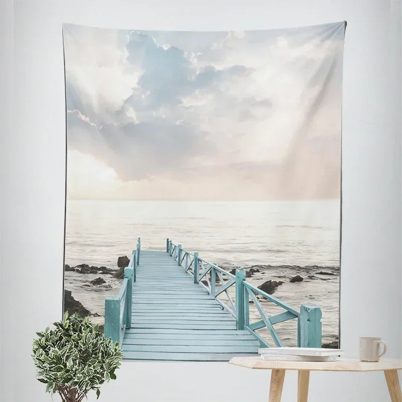 Nordic Hanging Tapestry Wall Decoration 100% Polyester Printed Seascapes Beach Blue Sky Tapestries Pictures Of Calm For Living Room Inspirational Home Decor
