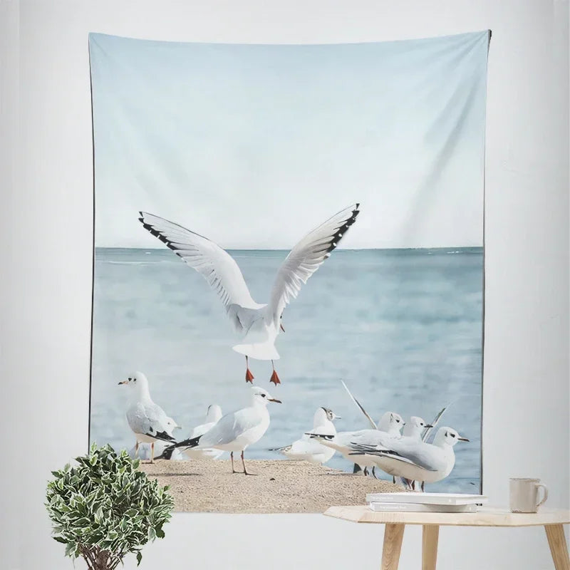 Nordic Hanging Tapestry Wall Decoration 100% Polyester Printed Seascapes Beach Blue Sky Tapestries Pictures Of Calm For Living Room Inspirational Home Decor