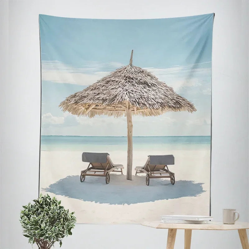 Nordic Hanging Tapestry Wall Decoration 100% Polyester Printed Seascapes Beach Blue Sky Tapestries Pictures Of Calm For Living Room Inspirational Home Decor