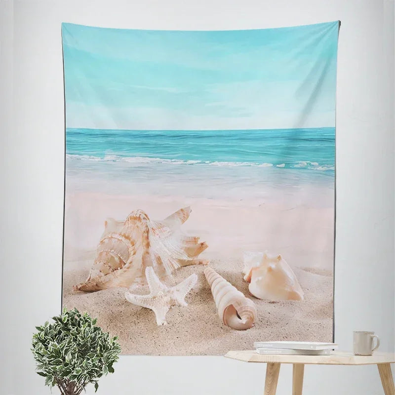 Nordic Hanging Tapestry Wall Decoration 100% Polyester Printed Seascapes Beach Blue Sky Tapestries Pictures Of Calm For Living Room Inspirational Home Decor