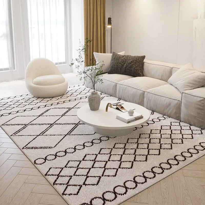 Modern living room with a patterned rug, sofa, and coffee table.